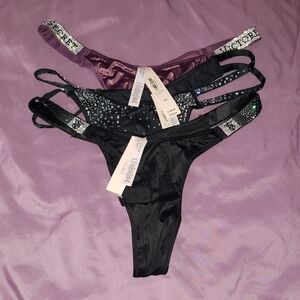 Victoria's Secret Black & Plum Satin and Rhinestone Thongs (3-Pack)